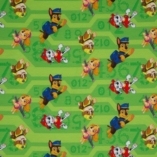 Paw Patrol springende Hunde auf grün Jersey Baumwolle
